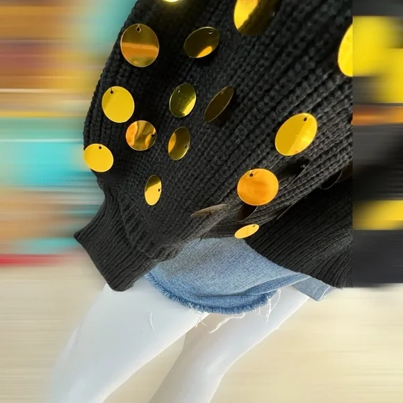 PEACH LOVE CALIFORNIA Black shaker knit gold accent sweater S M L - Picture 9 of 9